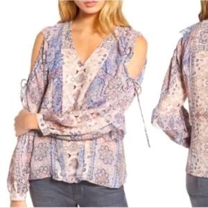 Parker Cold Shoulder Paisley Puff Sleeve 100% Silk Peasant Blouse